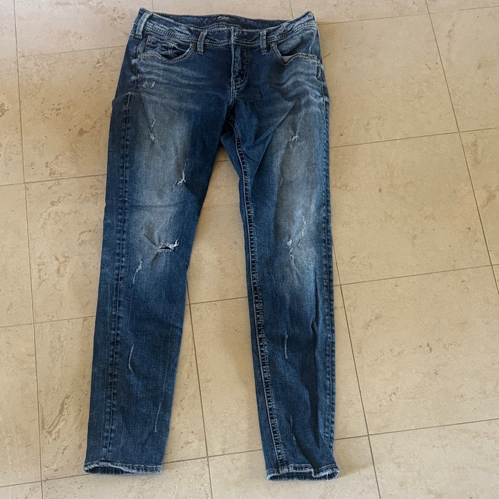 Silver Jeans Women's Distressed High Rise Blue Jeans - Picture 3 of 3